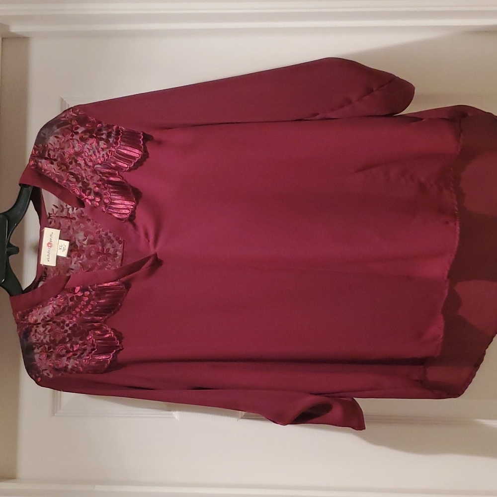 Burgundy shirt with mesh floral at top